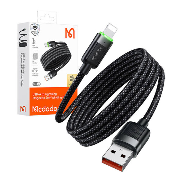 MCDODO CA6000 USB-A TO LIGHTNING 3A MAGNETIC SELF-WINDING DATA CABLE 1.2M - BLACK